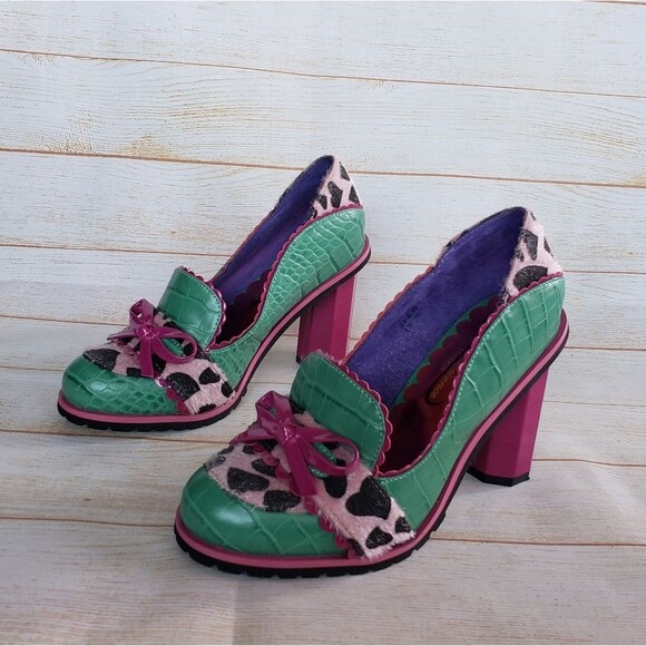 Poetic License Shoes - Rare! Poetic License Lux Loafer Block Heel Round Toe Pumps Size 8 Green/Pink